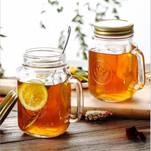 厂家现货供应公鸡杯带盖玻璃杯把子杯透明梅森杯饮料瓶烤花玻璃杯