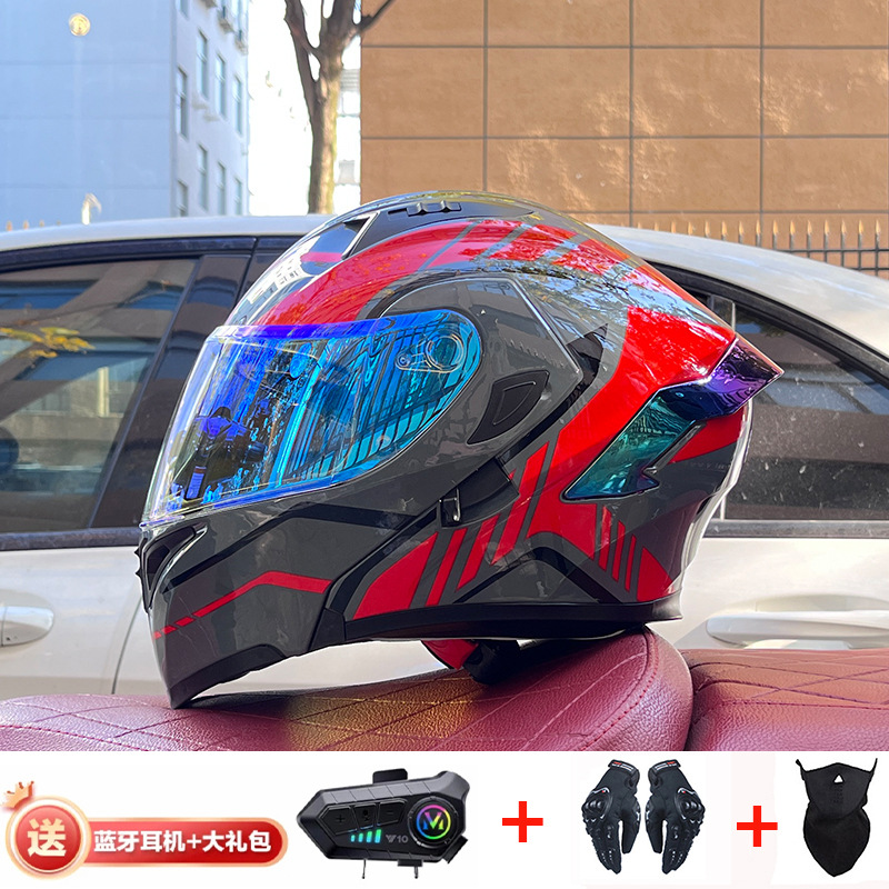 Casco de exposición Orz para hombres y mujeres invierno Doble espejo coche eléctrico semi-Casco completo cola de color coche deportivo ranura Bluetooth cuatro estaciones casco