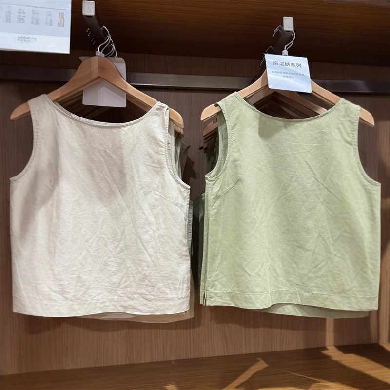 URAZ women's linen blended shirt/sleeveless shirt casual slimming round neck vest 25 spring summer new 479966