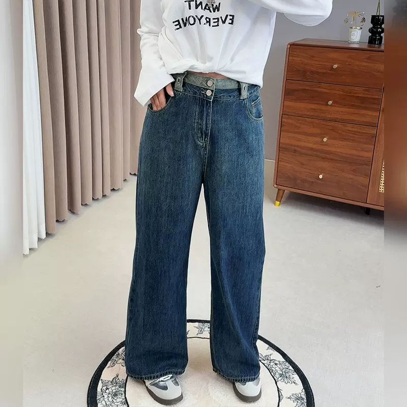 双天2025秋季新款大码胖mm女装200斤直筒复古阔腿牛仔裤女款YC293