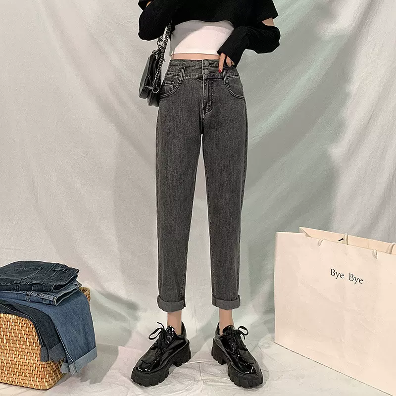 定制紧身牛仔裤女2025新款杏色中腰直筒显瘦哈伦裤宽松紧身牛仔裤