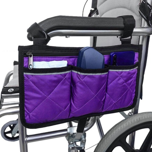 Cross-border wheelchair armrest bag, side-mounted storage pouch with multiple pockets, featuring a reflective strip—perfect for strollers and baby carriages.