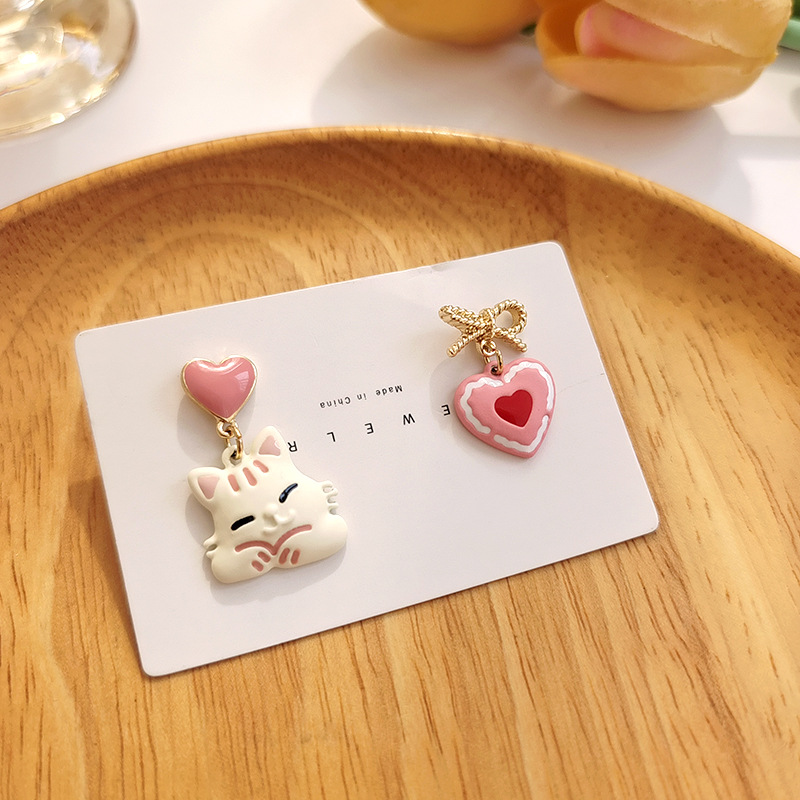 Sweet Heart Shape Cat Bow Knot Alloy Enamel Women's Drop Earrings Ear Clips 1 Pair display picture 1