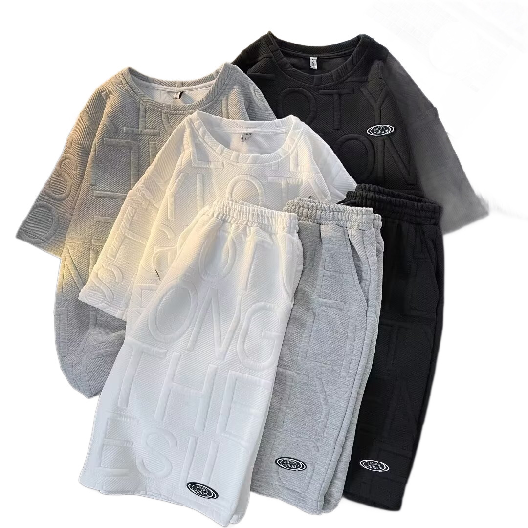 Koreanischer Waffelpiqué-Freizeitanzug für Herren: Kurzarm-T-Shirt und Fünf-Punkt-Hose – Trendig, vielseitig, einfarbig, Sommer-Neuheit_voghion.com