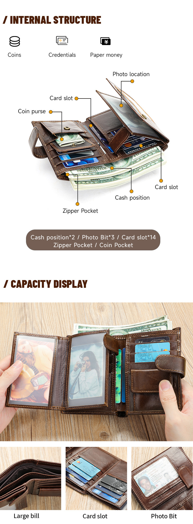 Ví da nam dài nhiều khe thẻ chống RFID, 3 ngăn, da bò thật — Đen, Đen trơn, Nâu cà phê, Đỏ nâu chi tiết 12