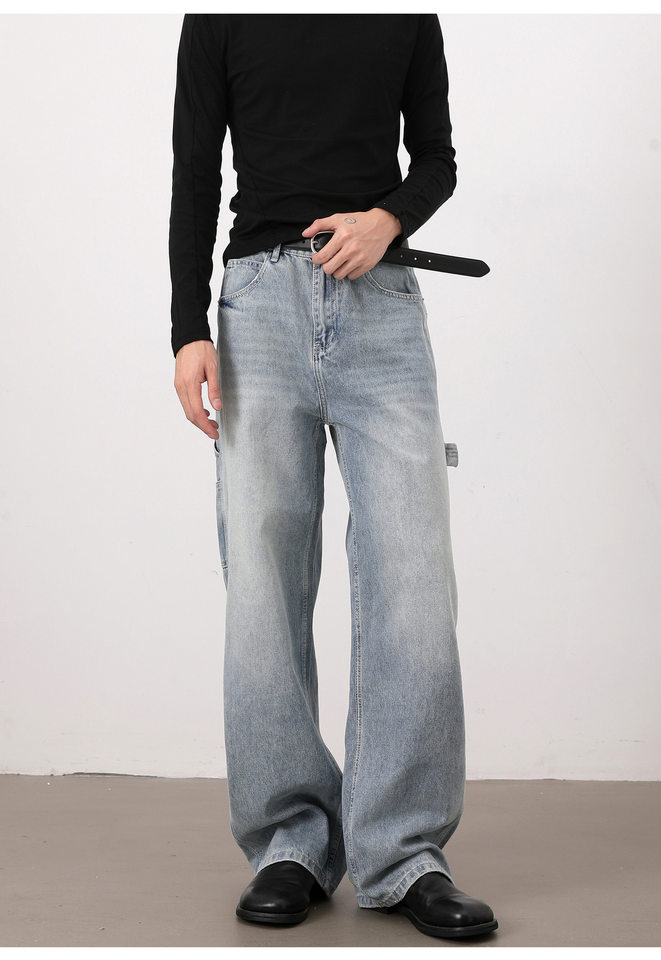 Quần jeans nam màu xanh nhạt dáng rộng ống đứng phong cách high street — Màu xanh dương chi tiết 11
