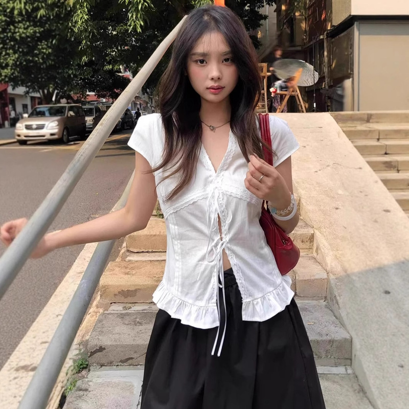 Korean Lace White Short-Sleeved Shirt for Women in Summer with Pure Texture and Slim Fit Lace-Up Short-Sleeved Top Korean Lace White Short-Sleeved Shirt for Women in Summer with Pure Texture and Slim Fit Lace-Up Short-Sleeved Top