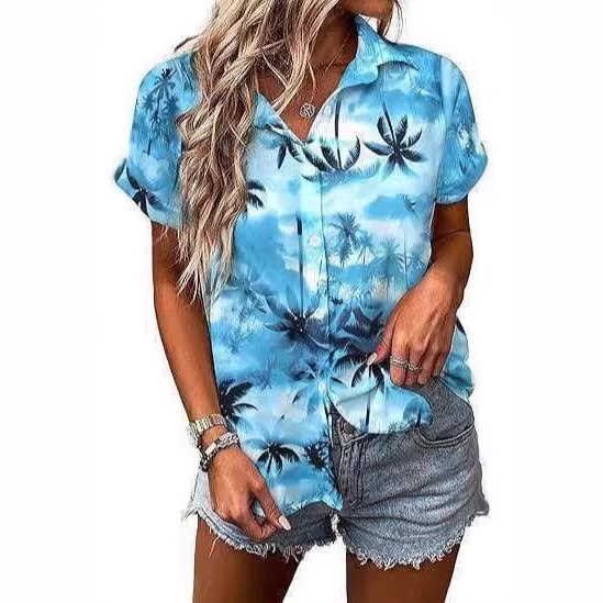 2026 Women's Hawaiian Shirt Soft and Cool Summer T-Shirt Beach Tropical Print V-Neck Button Top 2026 Women's Hawaiian Shirt Soft and Cool Summer T-Shirt Beach Tropical Print V-Neck Button Top