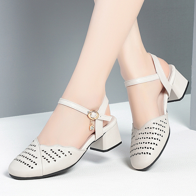 Sandal nữ hở gót mũi nhọn da thật gót thấp đi làm — Mơ【Kiểu hở gót】