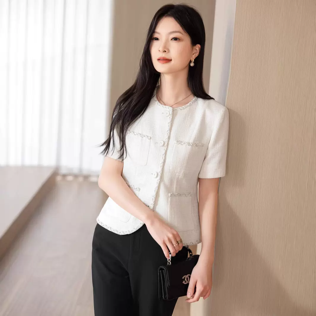恩迪朗家同款优雅圆领小香风短外套女夏季法式高级感白色短袖上衣