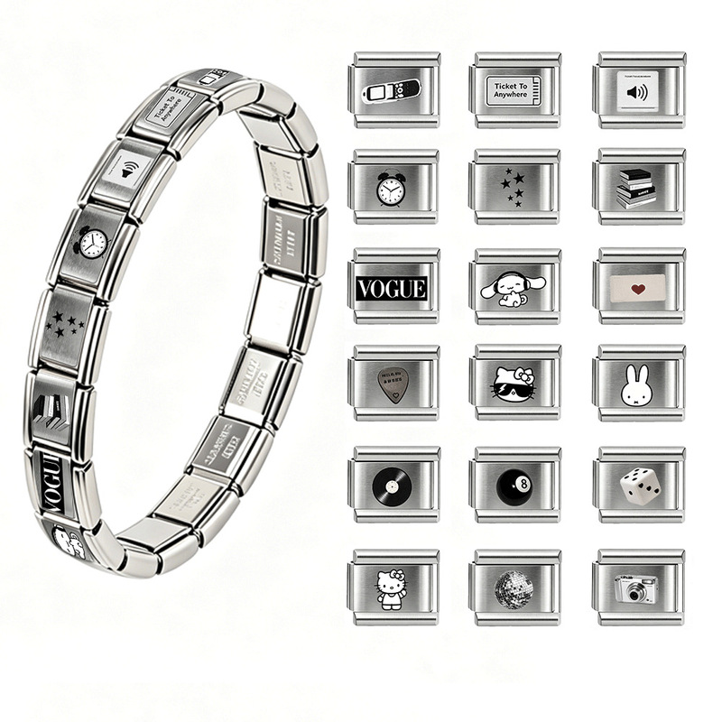 Stainless Steel Modular Bracelet with Square Elastic Interlocking Detachable Strap Chain, Uv Printed Pattern, Elastic DIY Bracelet