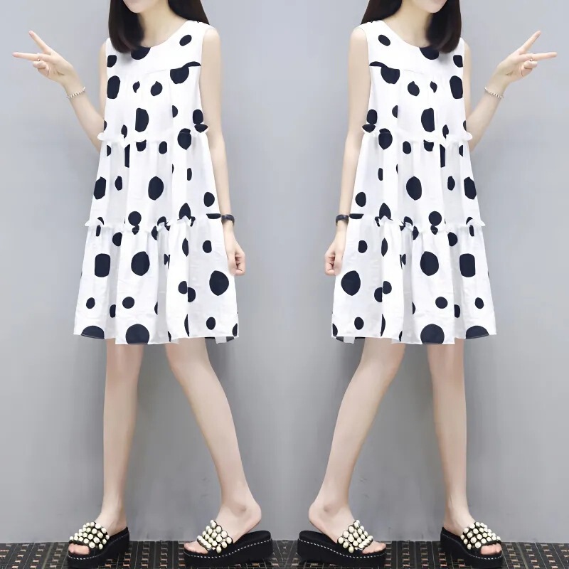 波点连衣裙女2025夏季新款中长款宽松显瘦遮肚无袖背心A字娃娃裙|undefined