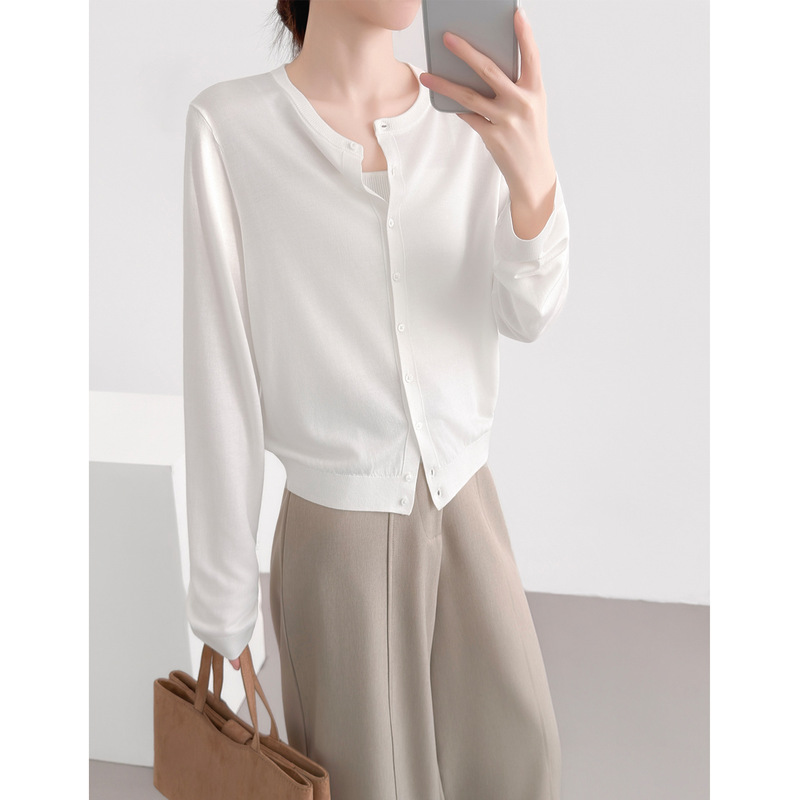 White Cool-Touch Outerwear Shawl Top 100% Lyocell Tencel Basic Versatile Round-Neck Knit Cardigan for Women Spring and Summer White Cool-Touch Outerwear Shawl Top 100% Lyocell Tencel Basic Versatile Round-Neck Knit Cardigan for Women Spring and Summer
