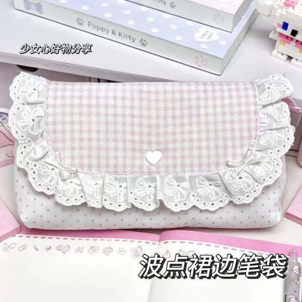 Xiaohongshu Pink Bow Makeup Bag Korean Style Lace Trim Miscellaneous Storage Bag Student Large Capacity Pencil Case