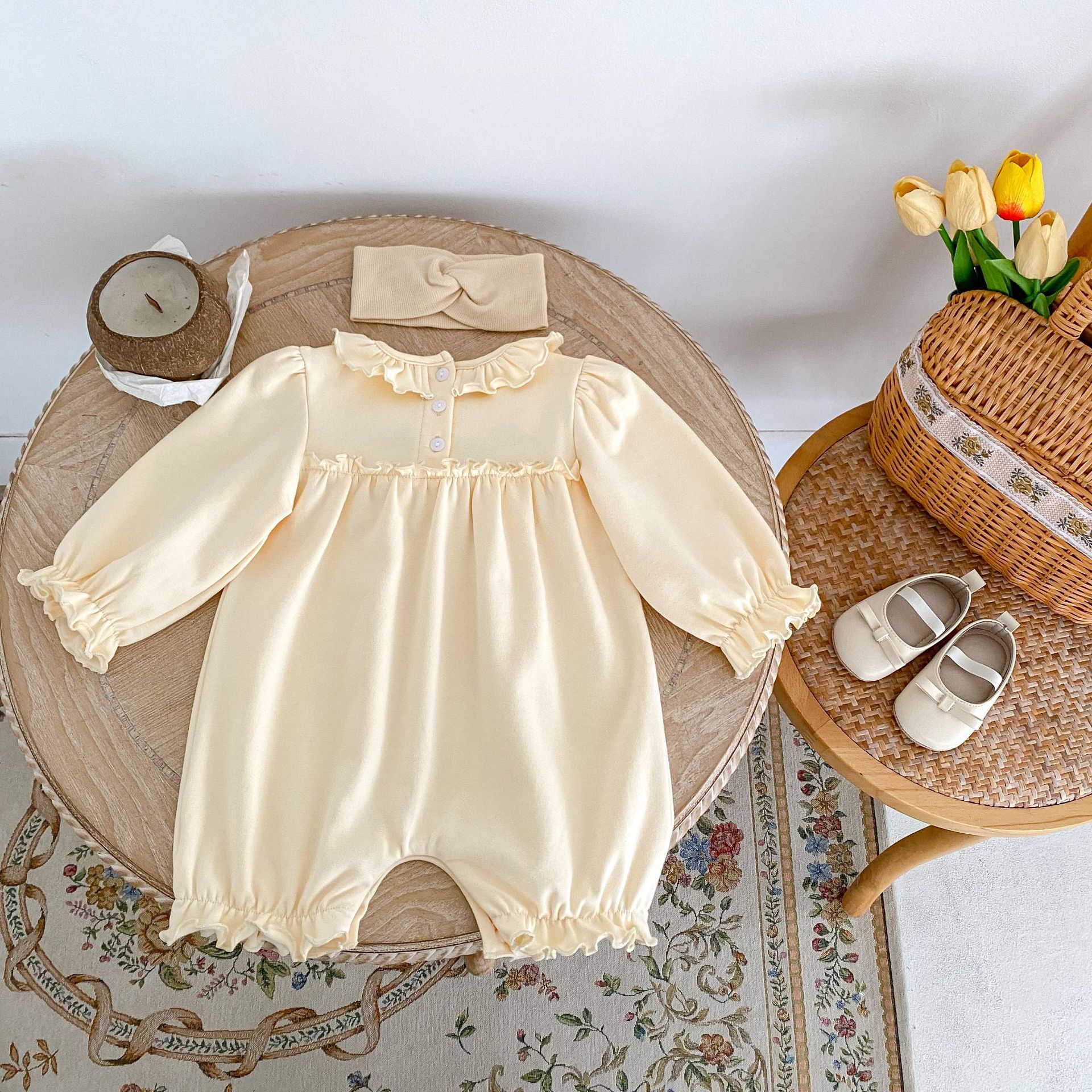 2024 Autumn New Baby and Girl Clothing Embroidered Small Lotus Leaf Collar Long Sleeve Loose Short Crawler jumpsuit_voghion.com