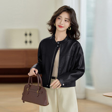 高级感立领短款绵羊皮皮衣外套女秋冬新款百搭复古机车皮夹克上衣