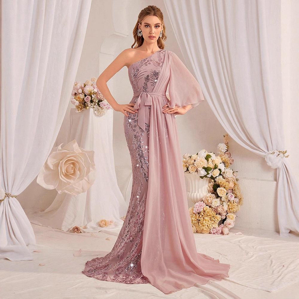 Ky1027 European and American Ladies Dress Elegant Prom Sequin Oblique Shoulder Sexy Long Dress Evening Dress