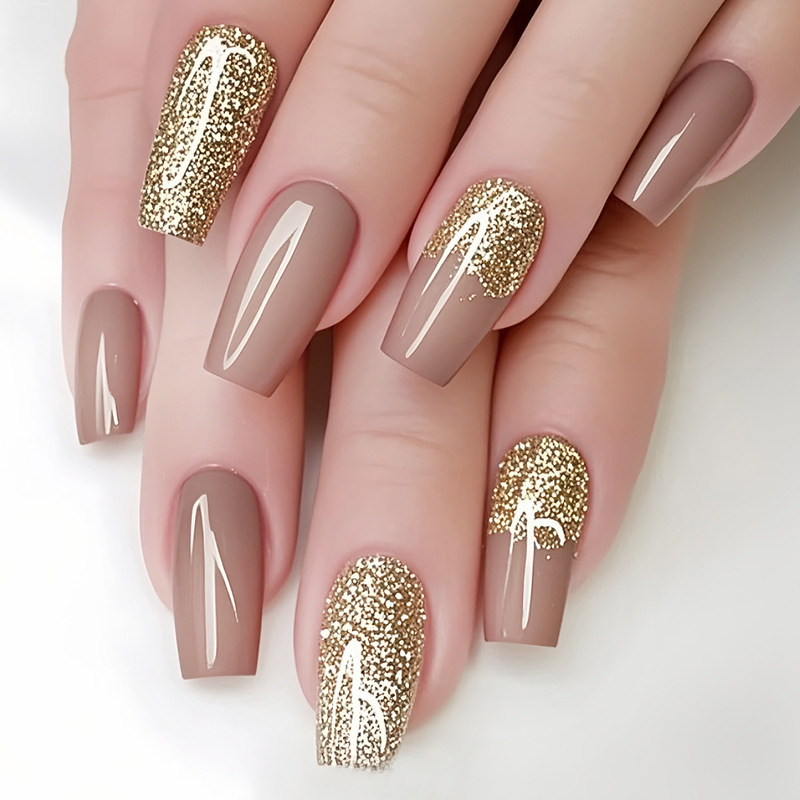Chinese Ballet Simple High-End Glossy Fake Nails Light Brown Gold Shiny Glitter Gradient Wearable Press-On Nails