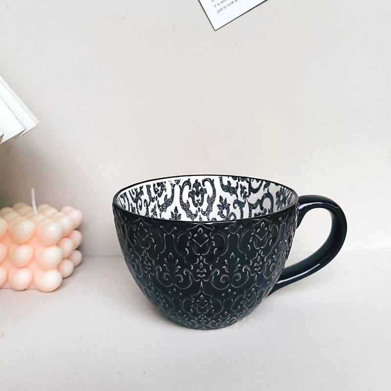 小清新北欧風陶磁器手描きカップオート麦牛乳コーヒーカップ模様彫刻カップ個性電子レンジ微瑕|undefined