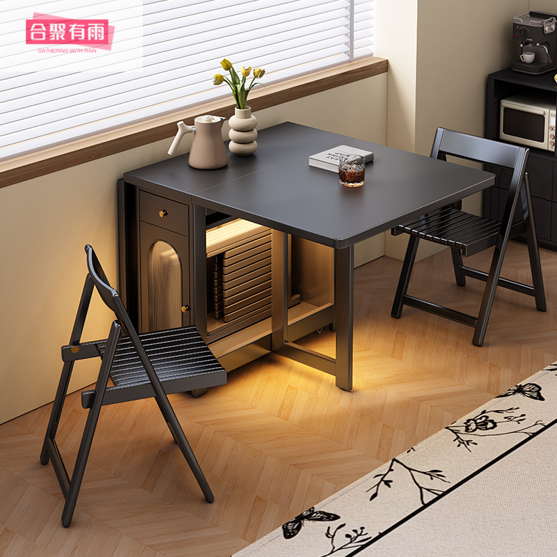 Black Retro All-Solid Wood Folding Dining Table for Home Modern Light Luxury Rectangular Retractable Invisible Small Apartment Dining Table