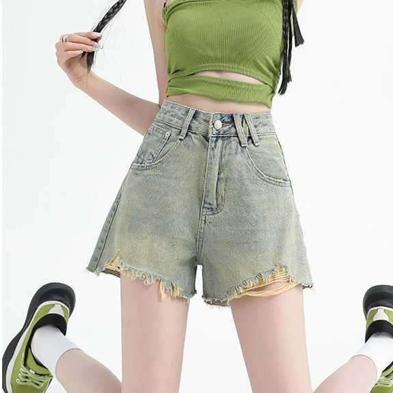 Yellow Slimming A-Line Denim Hot Pants Trendy Versatile Ripped Denim Shorts for Women Spring and Summer New High-Waisted Nostalgic Ins Style
