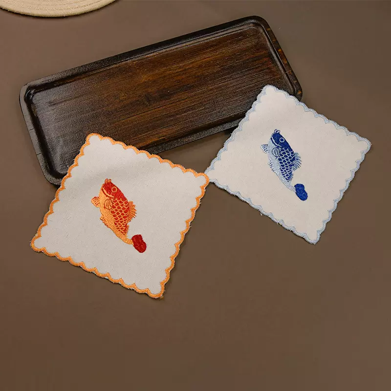 现货中国风棉麻锦鲤刺绣餐垫桌垫茶巾杯垫直销高档福字棉麻材质