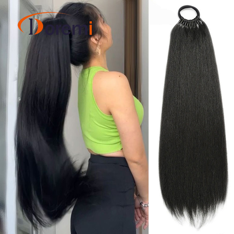 Cross-Border Long Straight Hair Ponytail with Elastic Band, Synthetic Fiber Hair Wrap-Around Ponytail, 24 Inches, 103g, Fake Hair Ponytail