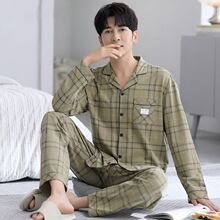 男士睡衣春秋季长袖春秋季纯棉可外穿100%秋冬休闲家居服套装大码