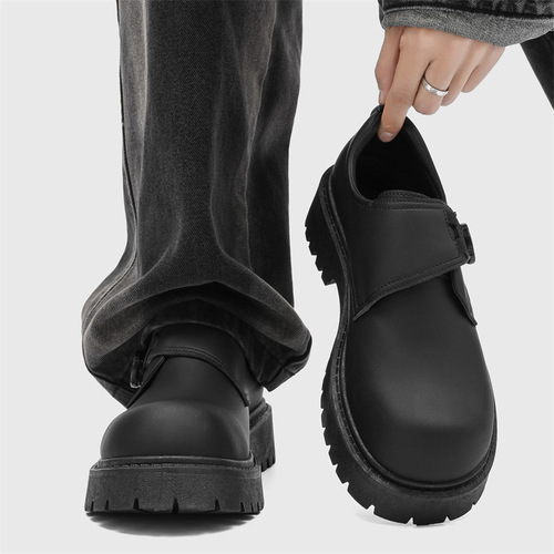 Large Sole Men's Spring Casual Retro Thick Heel Elevator Derby Shoes Formal British Style Black Wide Foot Trendy Shoes