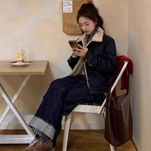 设计感复古撞色翻领短款加绒牛仔外套女宽松廓形棉衣冬季保暖夹克