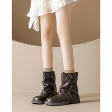 千美诗 858-1厚底皮带扣堆堆褶皱中筒靴女秋冬短靴子马丁裤管靴