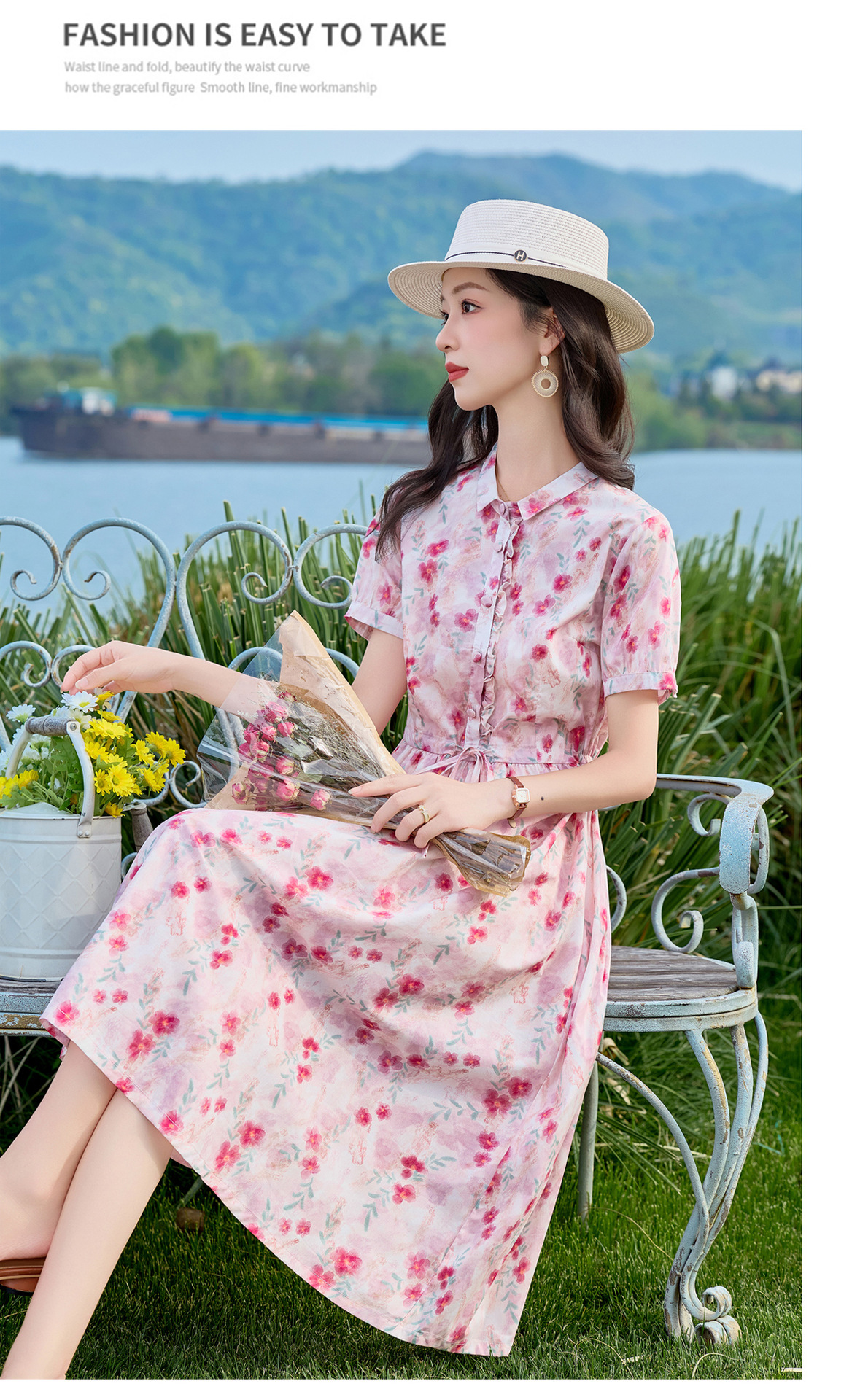 Đầm maxi nữ thắt eo họa tiết hoa nhí phong cách Pháp 2026 — Màu hồng chi tiết 19