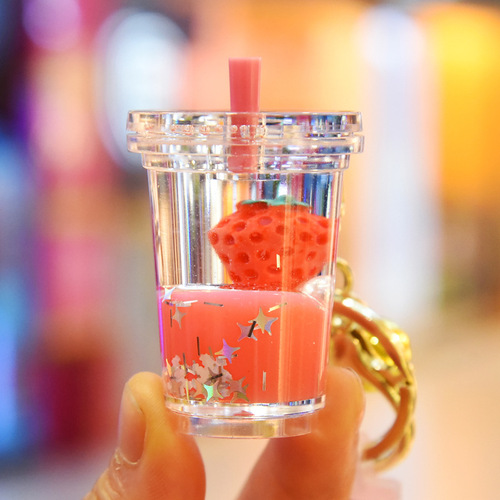 Creative Acrylic Oil Painting Fruit Milk Tea Cup Keychain for Men and Women, Car Bag Keychain Wholesale