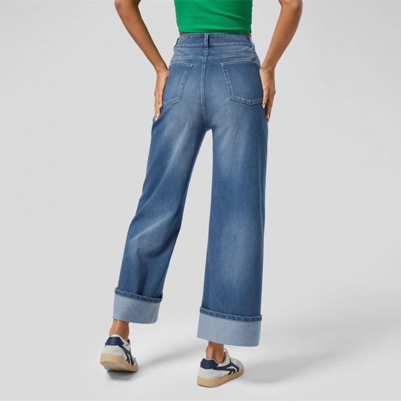Jeans Rectos de Cintura Alta para Mujer de Algodón y Poliéster Corte Recto para Uso Diario