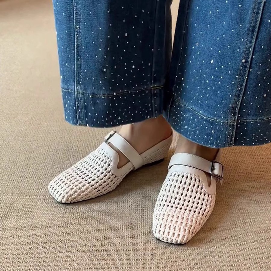 In Stock For Immediate Dispatch ~ Vacation Style Woven Wedge Mules With Belt Buckle, Breathable Closed-Toe Outdoor_vogvips.com