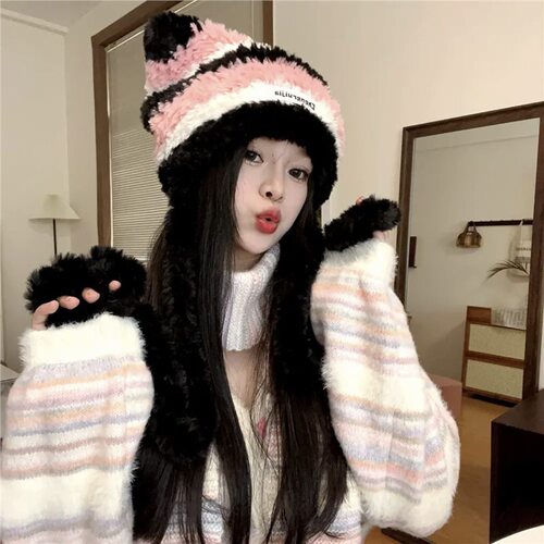Sleek winter warmth stylish fashion hat, versatile as a bag, plush, thick, fuzzy, cute and sweet, knitted.