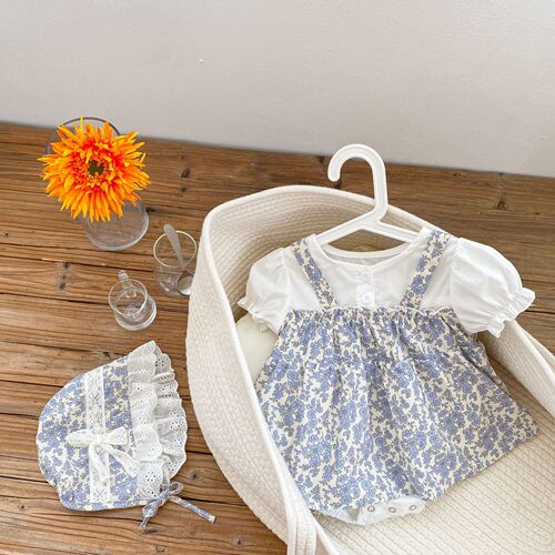 ins  summer full month baby baby clothes small floral flower princess fake two-piece triangle harem dress with hat