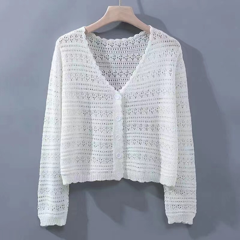 White Hollow-Out Knit Cardigan for Women, Spring Thin Style, Ice Silk Shawl, Paired with a Slip Dress, Air Conditioning Shirt, Top