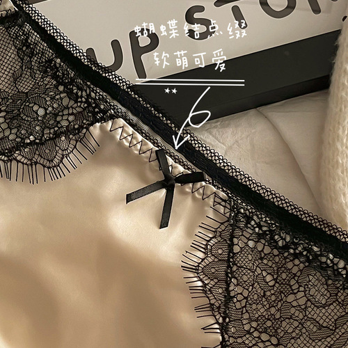 French sexy lace briefs for women, cotton crotch, breathable and comfortable, low-waisted satin mesh semi-transparent briefs for women