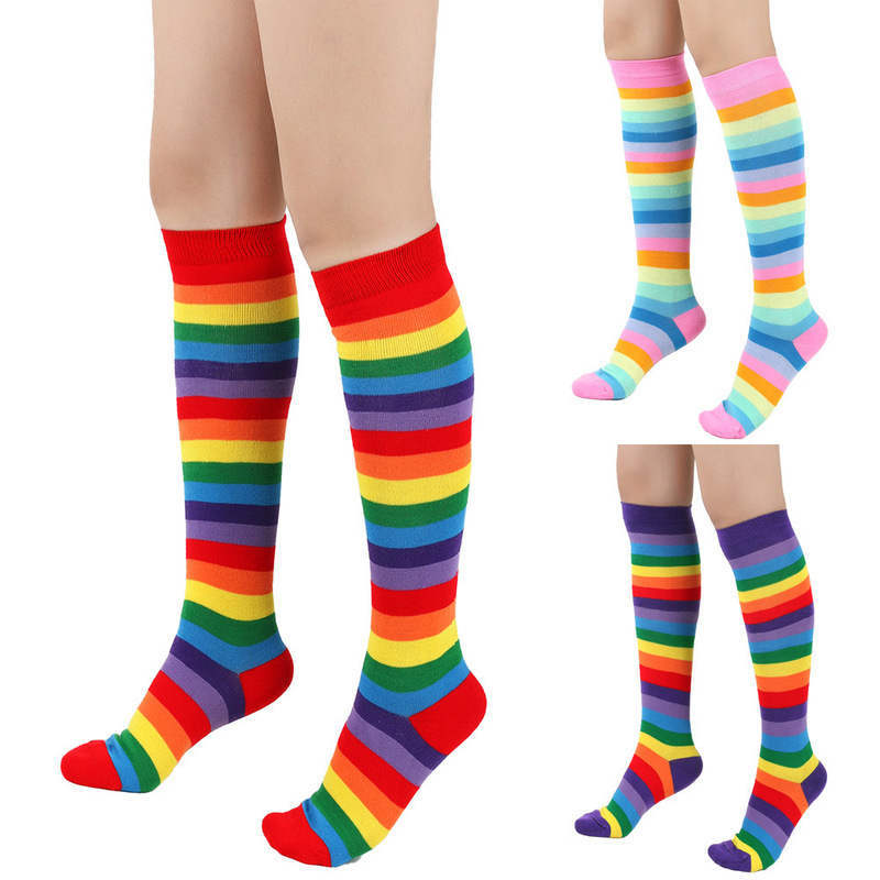 European and American Cross-Border Rainbow Striped Mid-Calf Socks for Women, Knee-High Socks, Over-The-Knee Cotton Socks, Performance Socks, Calf Socks, Factory Wholesale