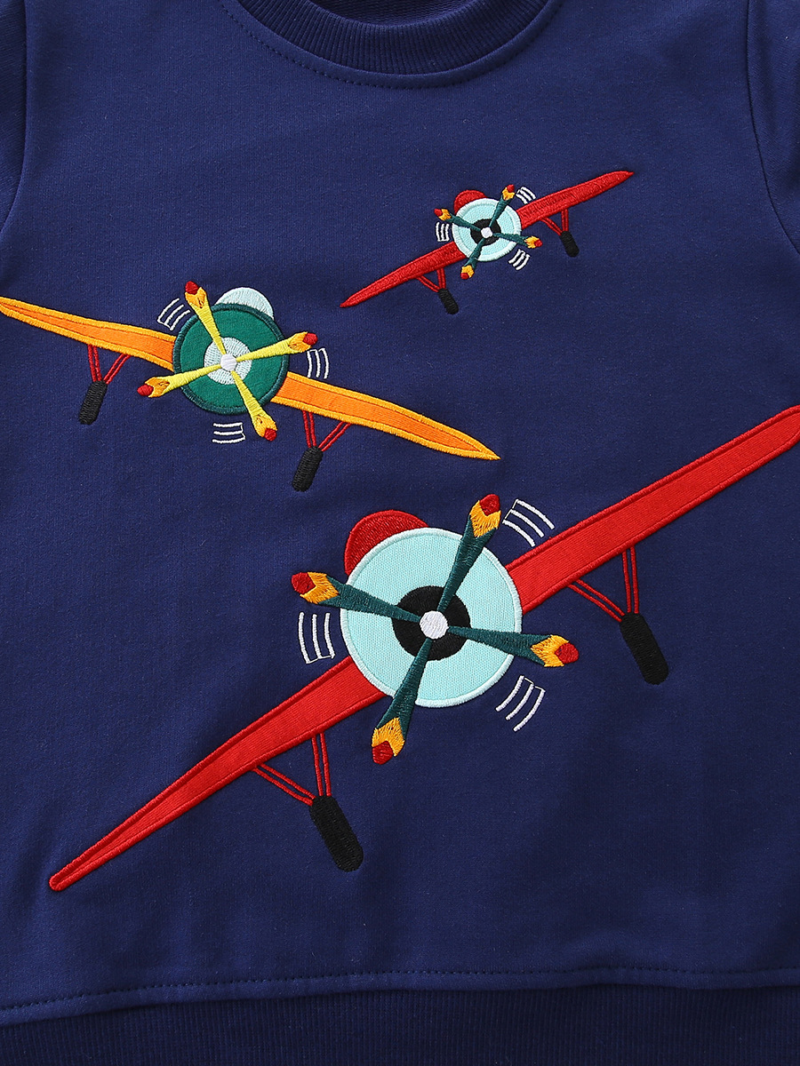 Nuevos productos de otoño Suéter para niños Suéter para niños de cuello redondo de estilo europeo y americano Sudadera de manga larga para niños bordada de avión de dibujos animados