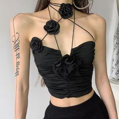Summer New French Retro Sexy Black Rose V-Neck Backless Top for Women, Edgy Sister Outerwear, Versatile Mesh Short Top