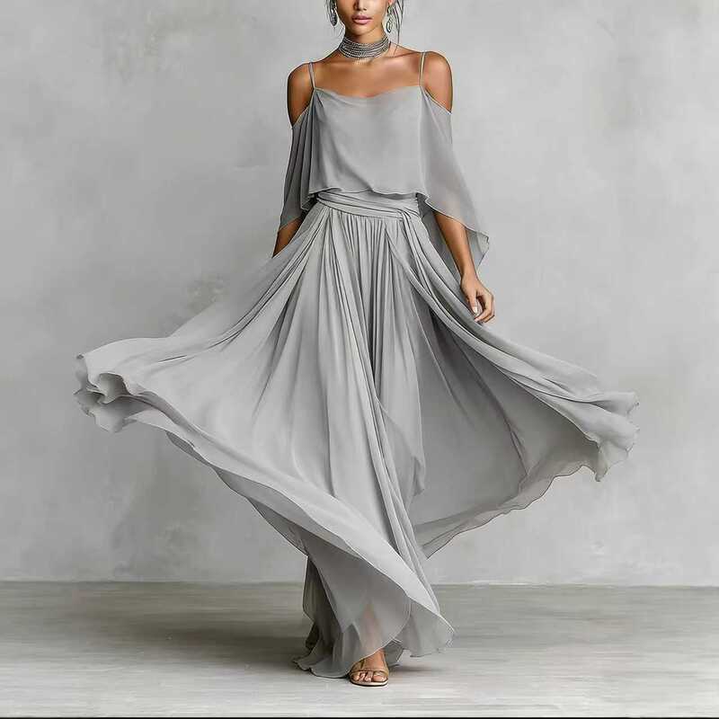 European and American Cross-Border Foreign Trade Women's High-End Gray Spaghetti Strap Off-Shoulder Long Skirt with Wide Hem Loose-Fitting Set