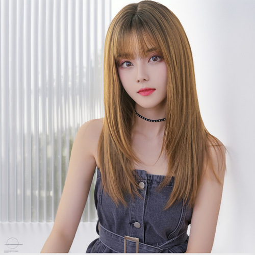 Oushuo Large Quantity Wholesale Women's Long Straight Realistic Natural Full Head Wig Air Bangs False Hair Full Head Wavy Influencer Hair