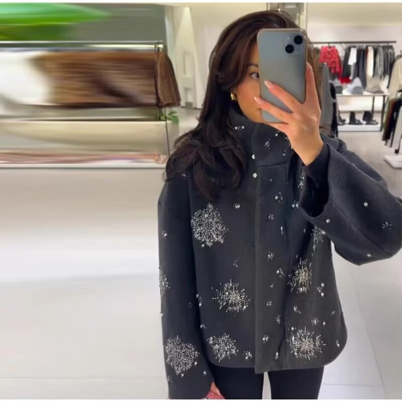 Cross-border European and American AliExpress INS popular women's fashion printed sequin woolen jacket