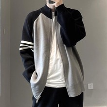 美式双拉链开衫毛衣外套时尚宽松简约复古上衣立领百搭长袖针织衫