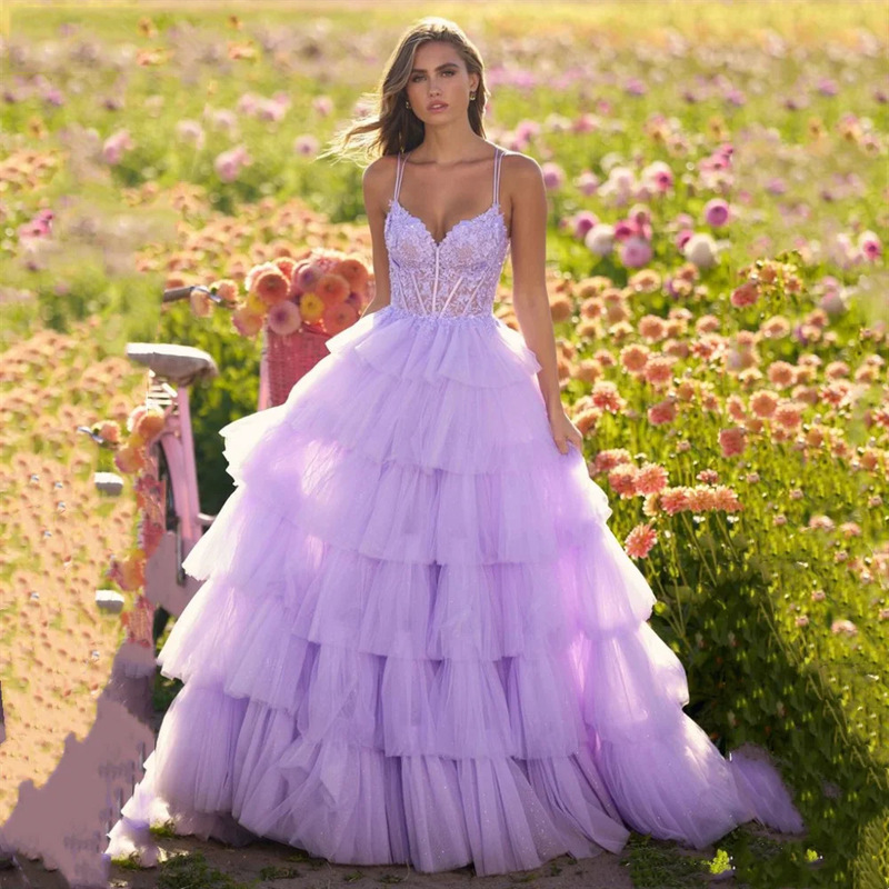 Bridal Wedding Dress with a High-End Feel, 2026 New Model, Purple Light Luxury Strapless Tiered Dress for Photography, Travel Shoots, and Evening Gown for Women