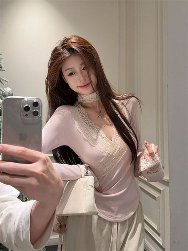 [270g Fleece] Lace-trimmed Cross V-neck Long-sleeved T-shirt for Women, Slim-fit Base Top, Apricot Color