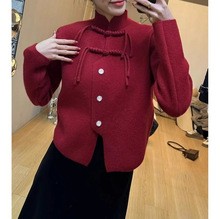 冬装搭配一整套新中式复古盘扣毛衣半身裙两件套新年时尚红色套装