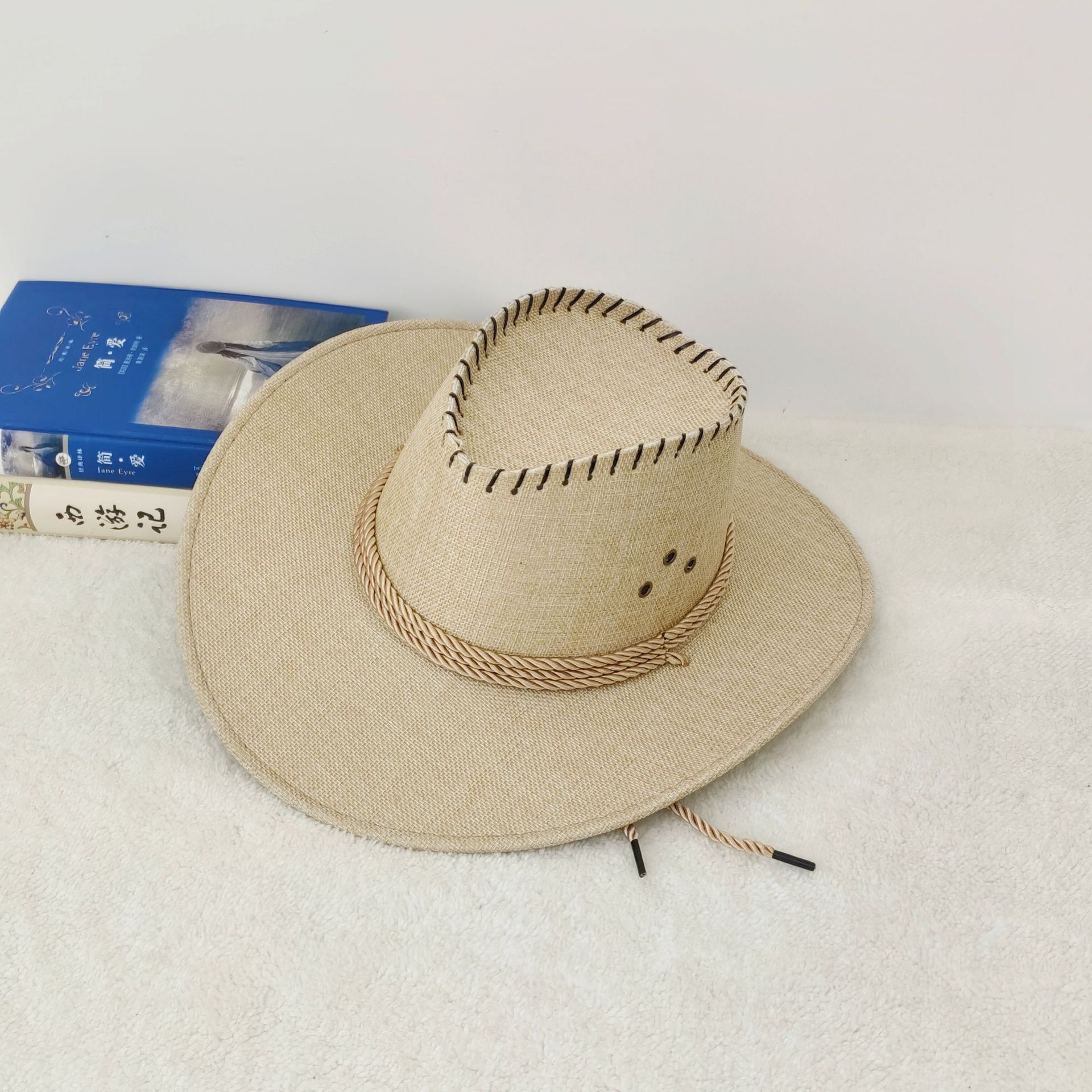 Sombrero Vaquero de Lino Unisex de Poliéster y Lino con Protección Solar para Pesca y Turismo